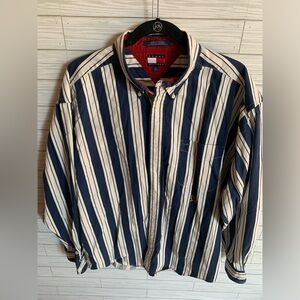 Vintage Y2K Tommy Hilfiger Men's Striped Blue and White Shirt button up